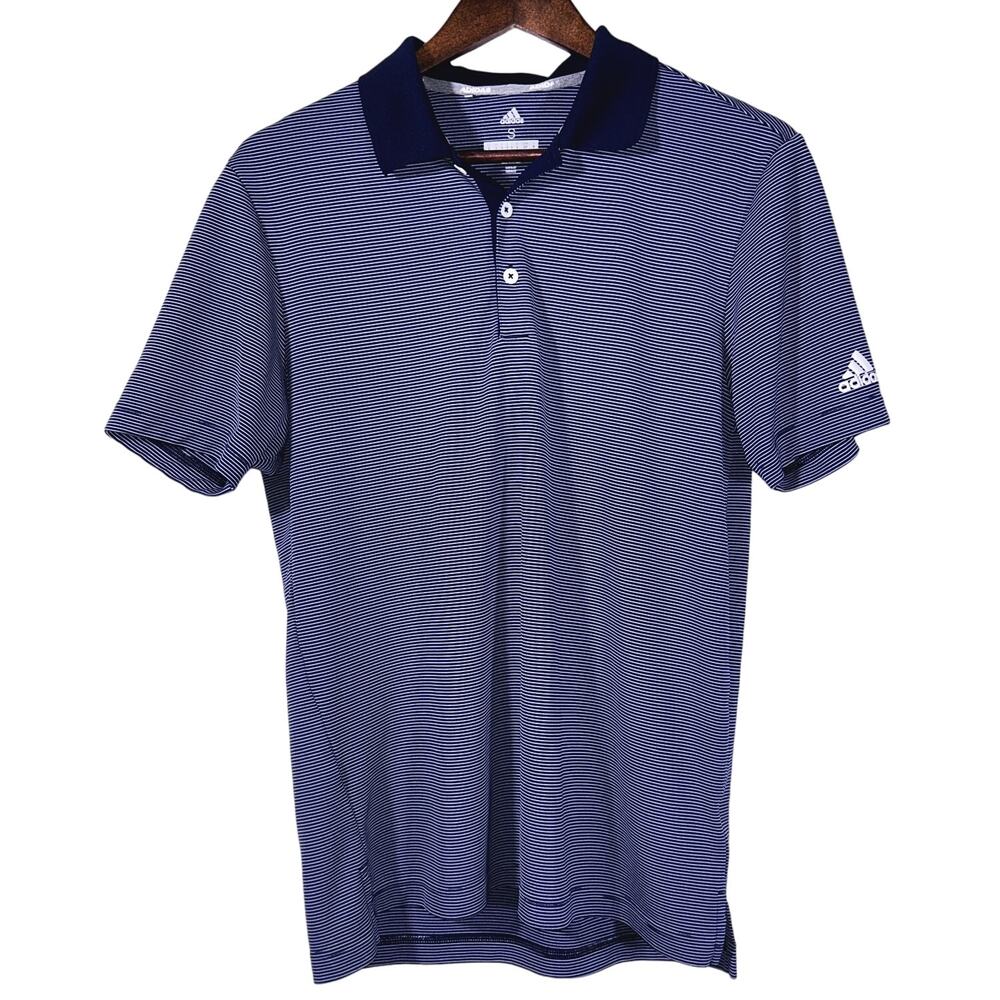 Adidas Golf Navy Blue & White Striped Short Sleeve Golf Shirt Men's Small
